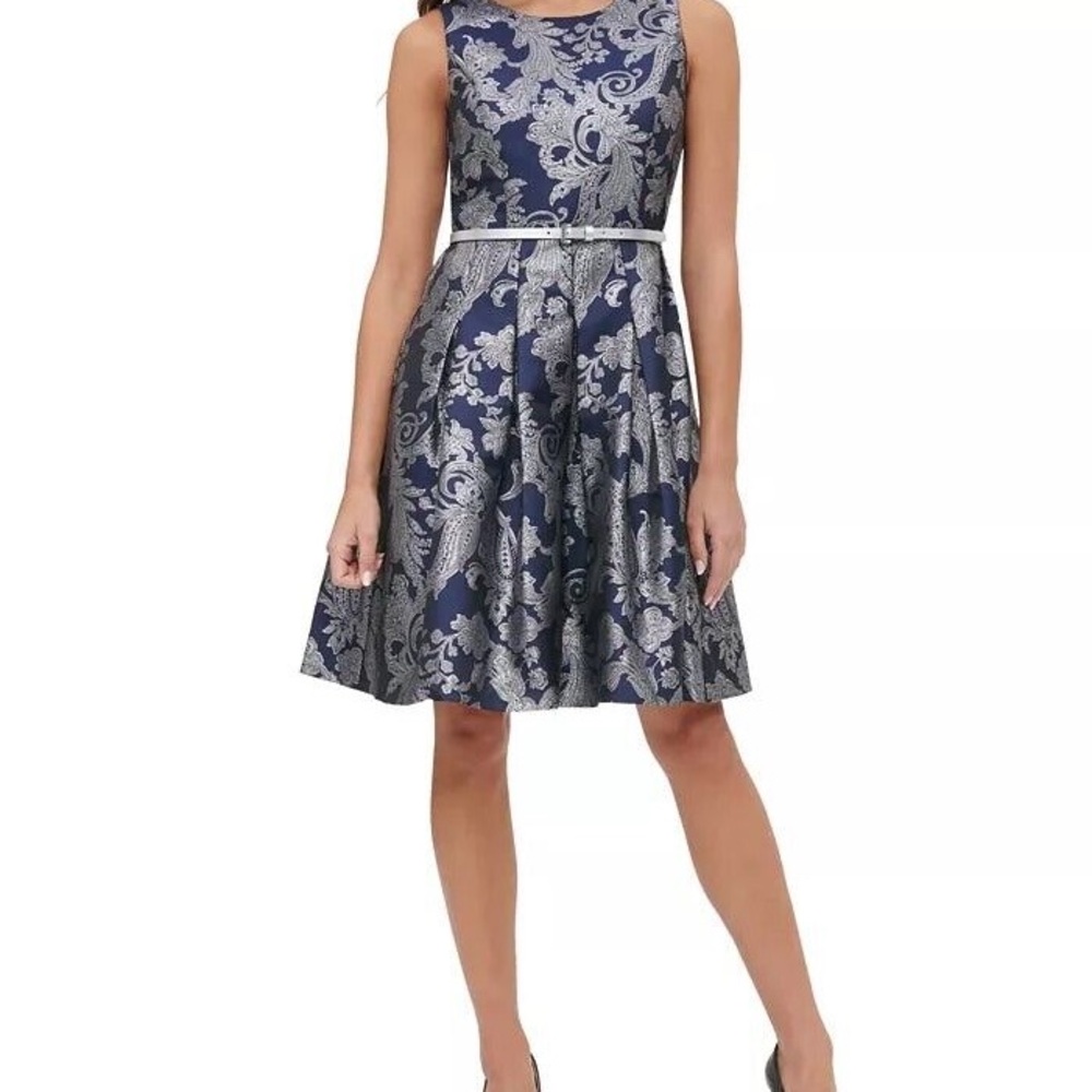 TOMMY HILFIGER NAVY BLUE SILVER JACQUARD FIT AND FLARE DRESS